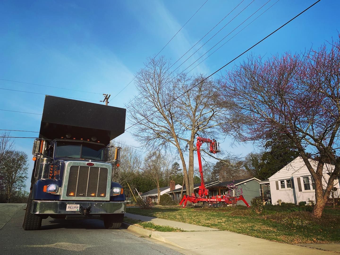 Dump truck unloading red mulch beside a house on a sunny suburban street