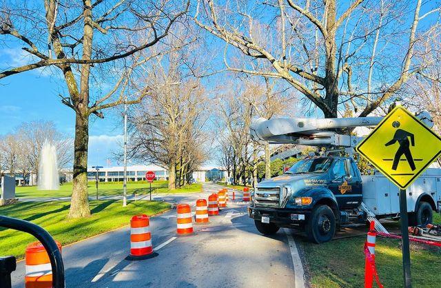 Roadwork scene with orange cones, a utility truck, and a pedestrian crossing sign on a tree-lined street
