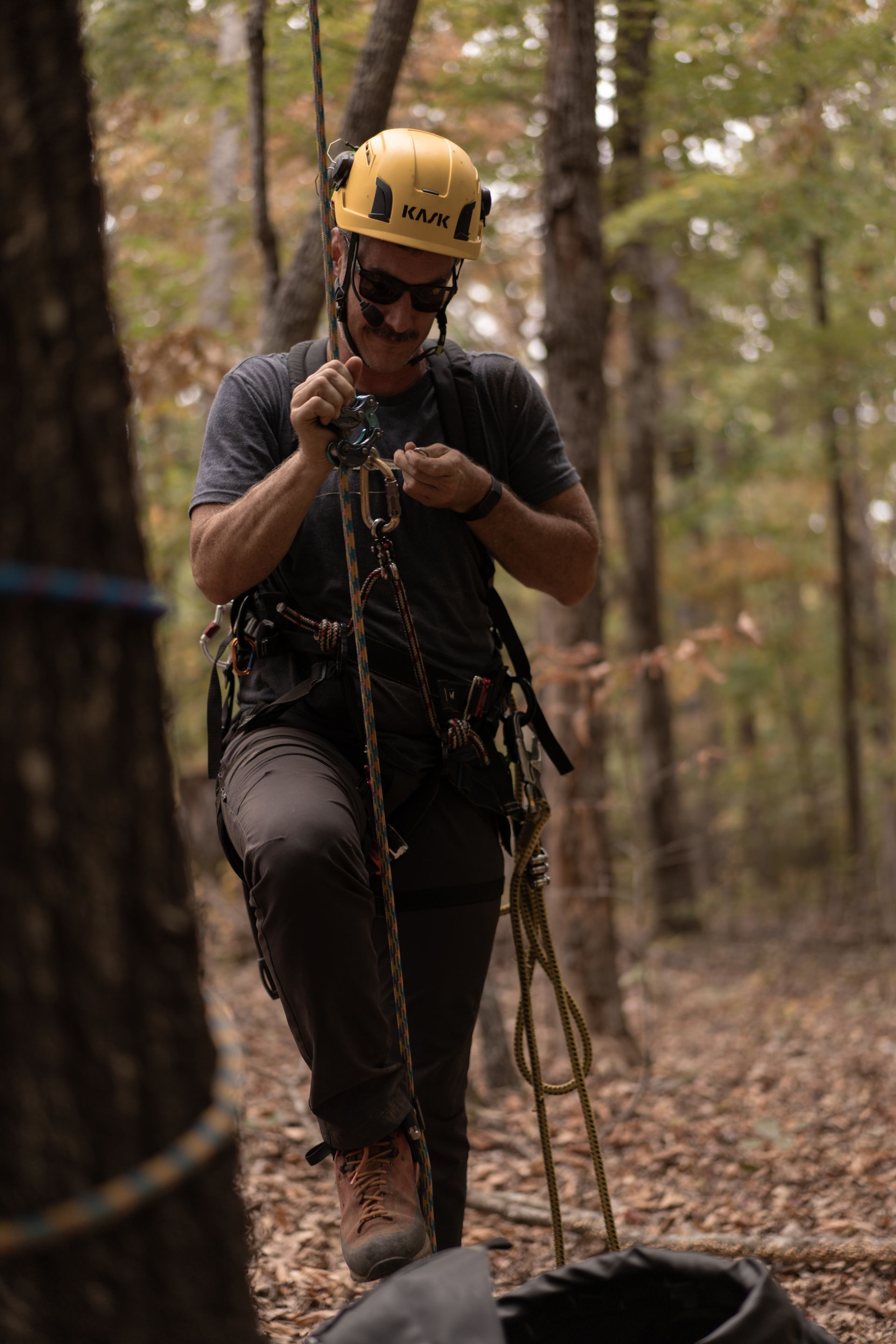 Person wearing a yellow helmet and gloves climbs a rope in a wooded outdoor setting.