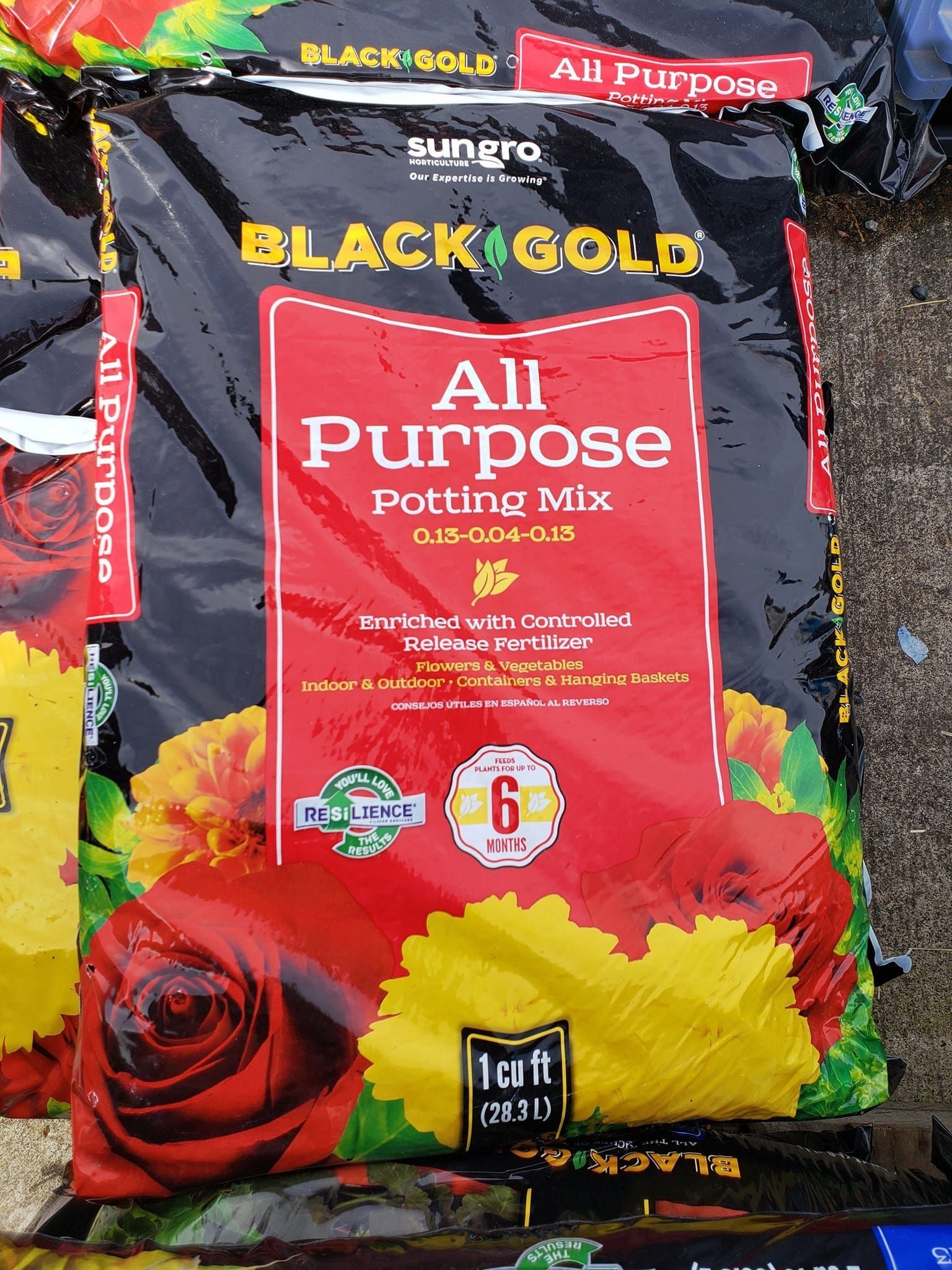 Black Gold All Purpose potting mix bag with flowers.