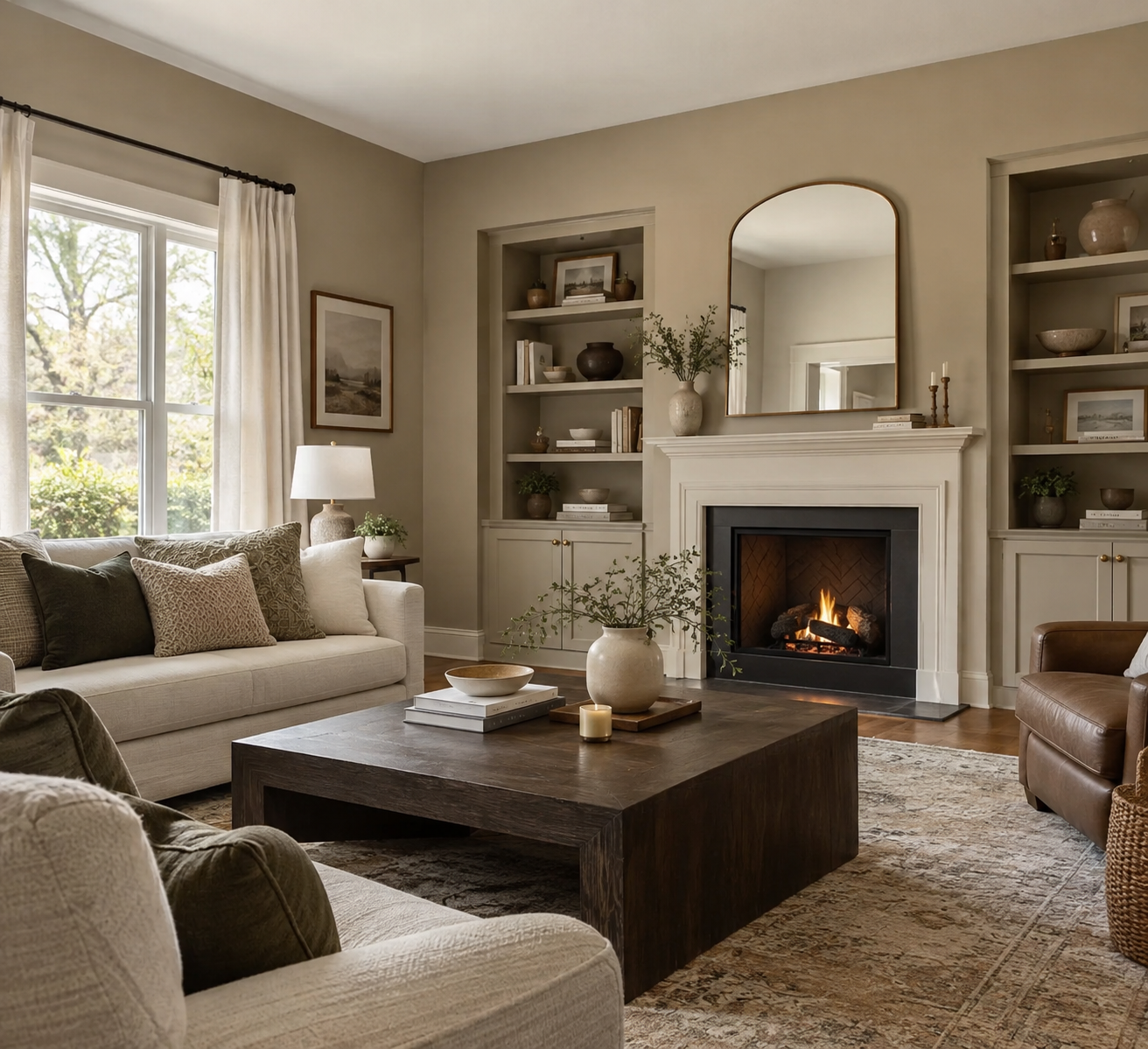 Cozy beige living room with a lit fireplace, sectional sofa, armchairs, and a dark wood coffee table