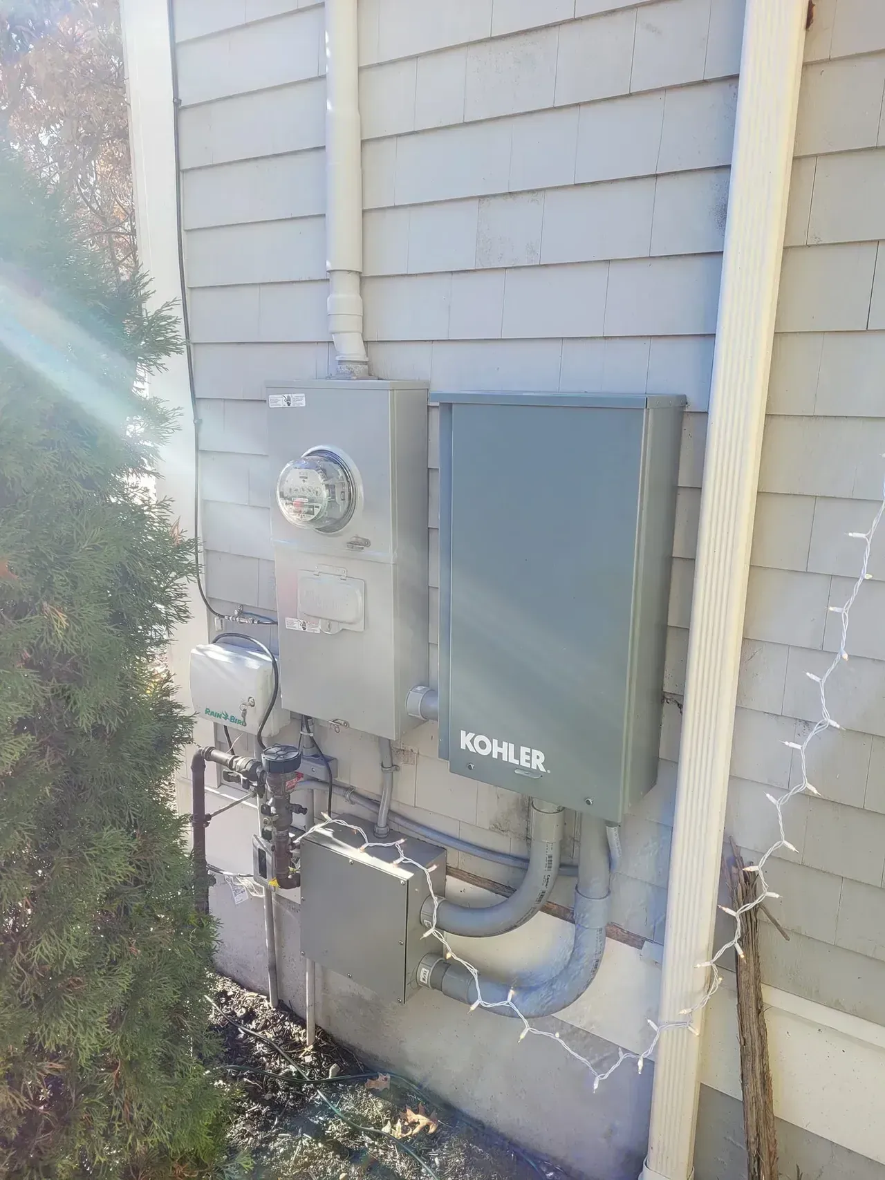 Gray electrical boxes and generator on a light blue-sided house. A bush is on the left.