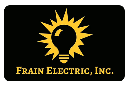 Black rectangle with gold lightbulb logo: Frain Electric, Inc.