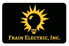 Black rectangle with gold lightbulb logo: Frain Electric, Inc.