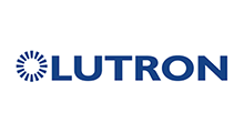 Lutron logo: Blue wordmark with a stylized sun symbol on the left side.