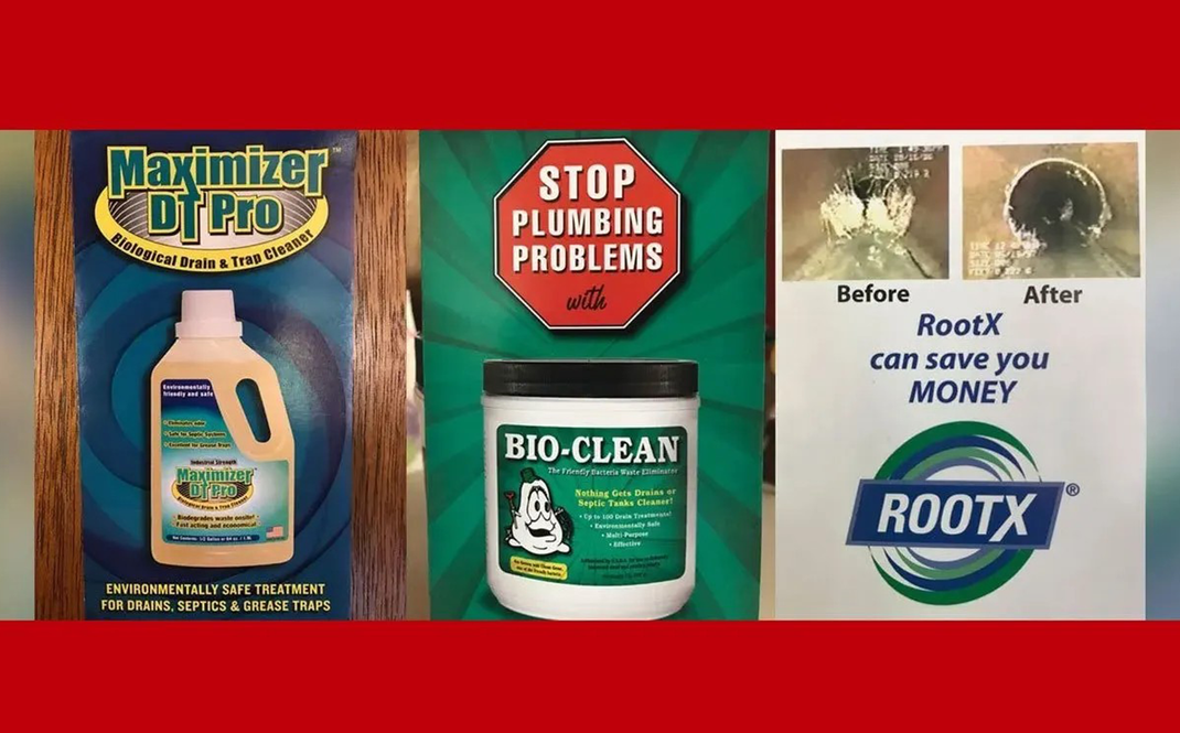 Three Rootx plumbing product ads: Maximizr, Stop Plumbing Problems, and Bio-Clean on red and green backgrounds