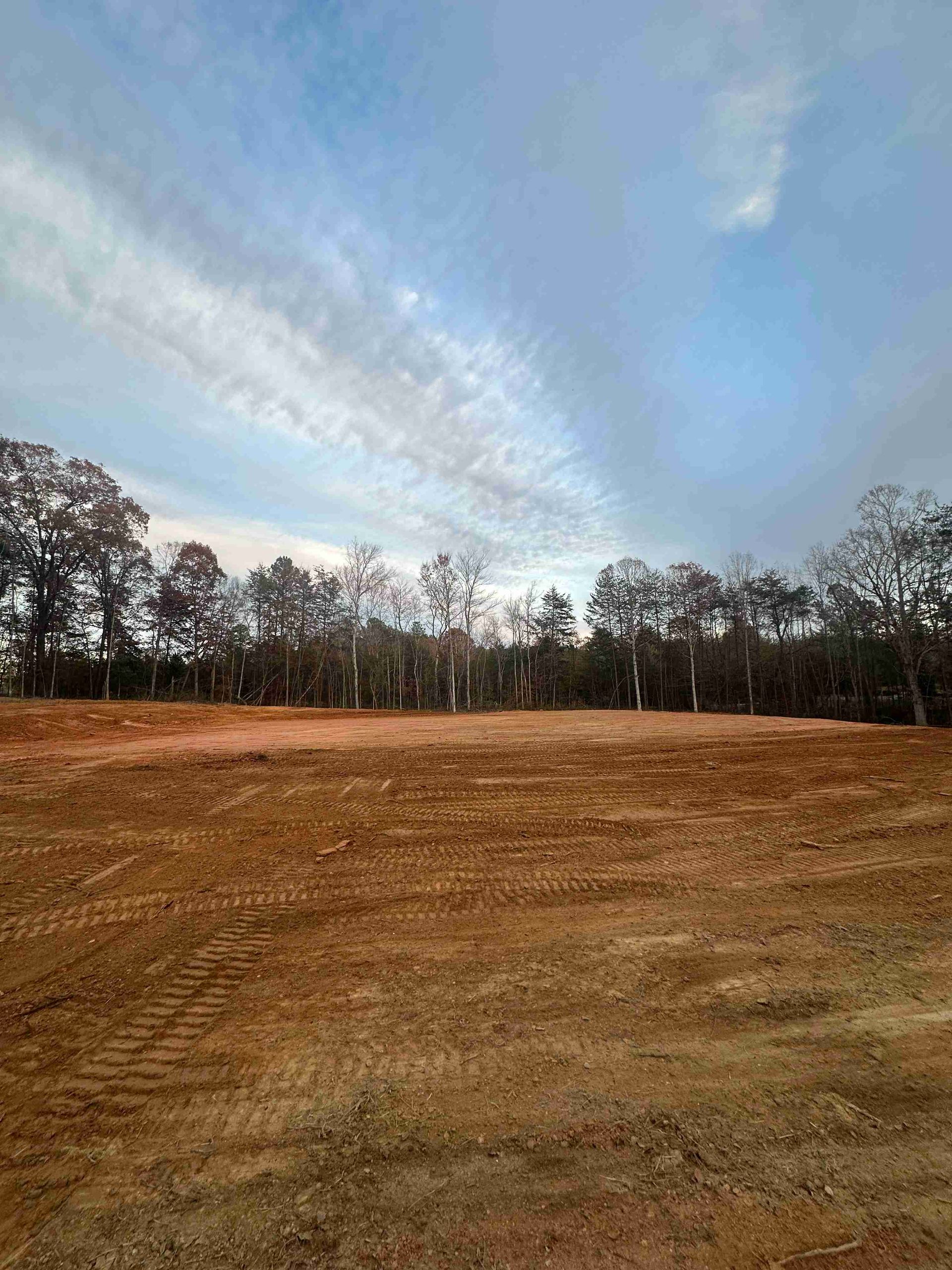 Open dirt field with a tree line under a blue sky with wispy clouds