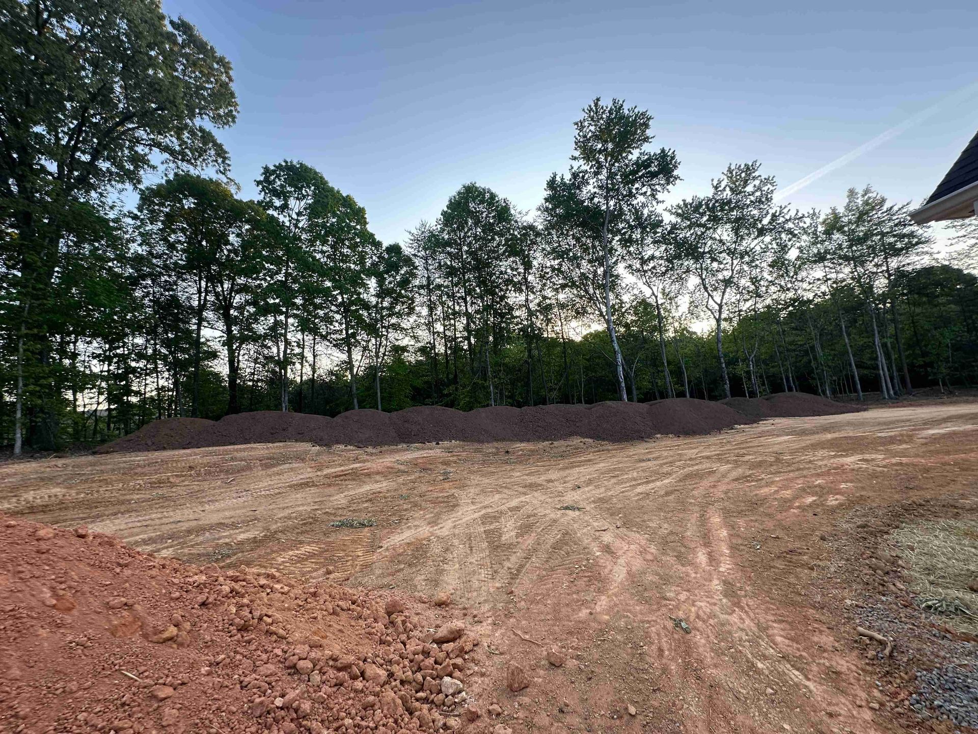 Cleared dirt lot with a line of trees under a blue sky, seen at dusk or early evening