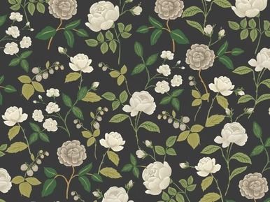 Dark floral pattern with white and tan roses, green leaves on a black background.