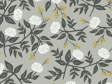 Gray floral pattern with white and gold flowers.