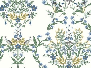 Floral wallpaper with blue and yellow flowers, green leaves, and birds on a white background.