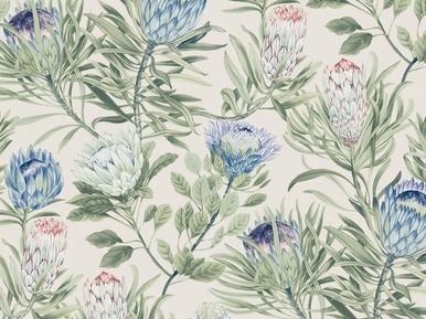 Protea flowers, in shades of blue and pink, with green leaves, arranged on a beige background.