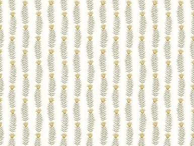 Repeating vertical pattern of light green leaves and gold flowers on a cream background.