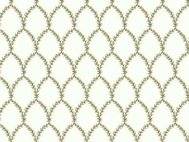 Cream-colored wallpaper with a repeating pattern of olive green leaf-like shapes.