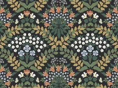 Repeating floral pattern of leaves and flowers on a dark background; colors include green, white, and orange.