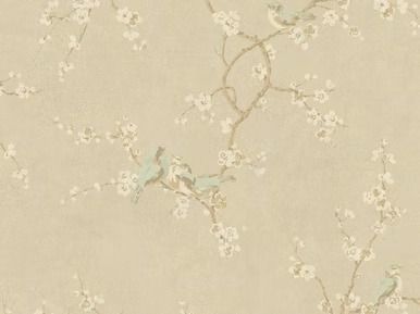 Branches with white blossoms and blue birds on a beige background.