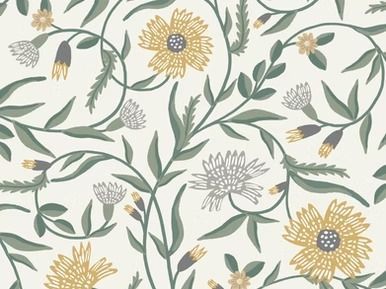 Floral pattern with yellow and gray flowers and green leaves on a cream background.