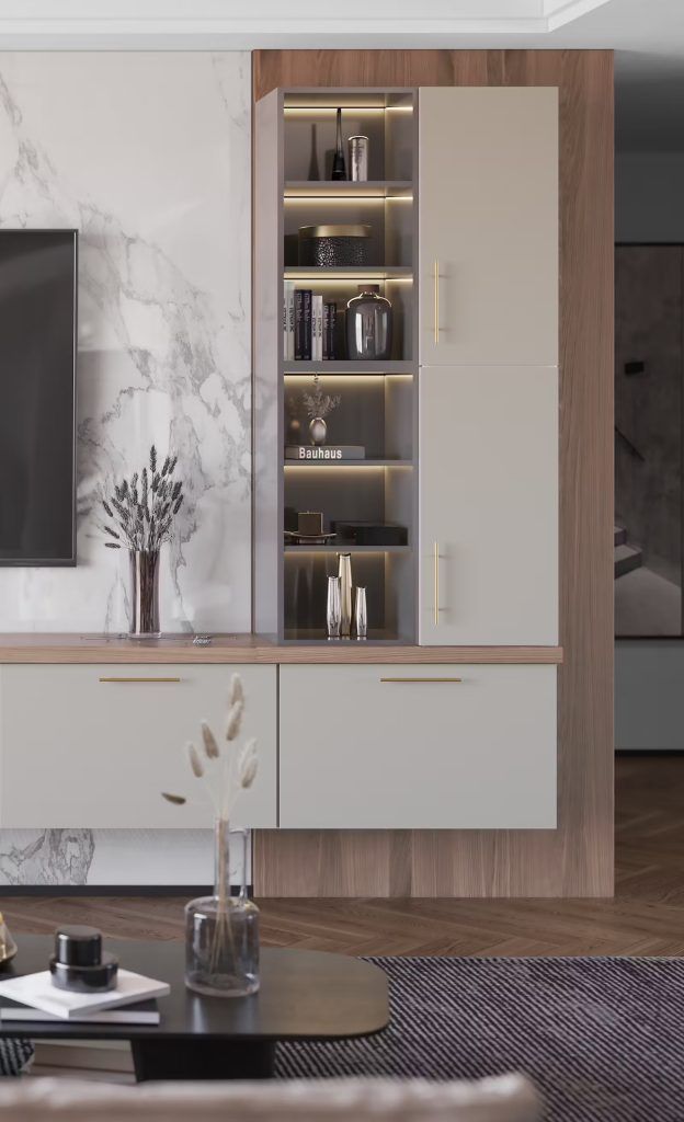 Modern living room with built-in storage and marble accent wall. Cream cabinets, wooden details, shelves with decor.
