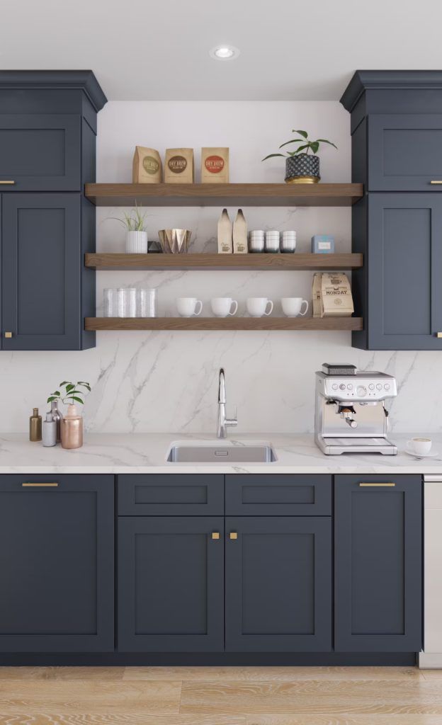 Kitchen with navy blue cabinets, white countertops, stainless steel sink, and wooden shelves.