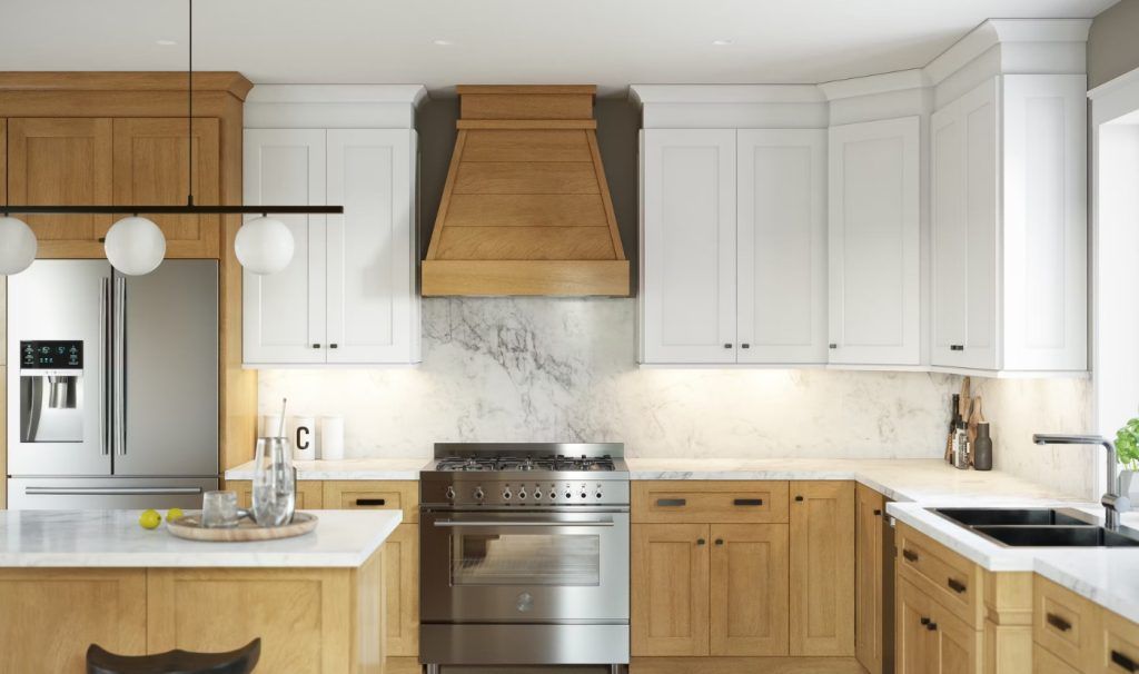 Modern kitchen with white and wood cabinets, stainless steel appliances, and a marble backsplash.