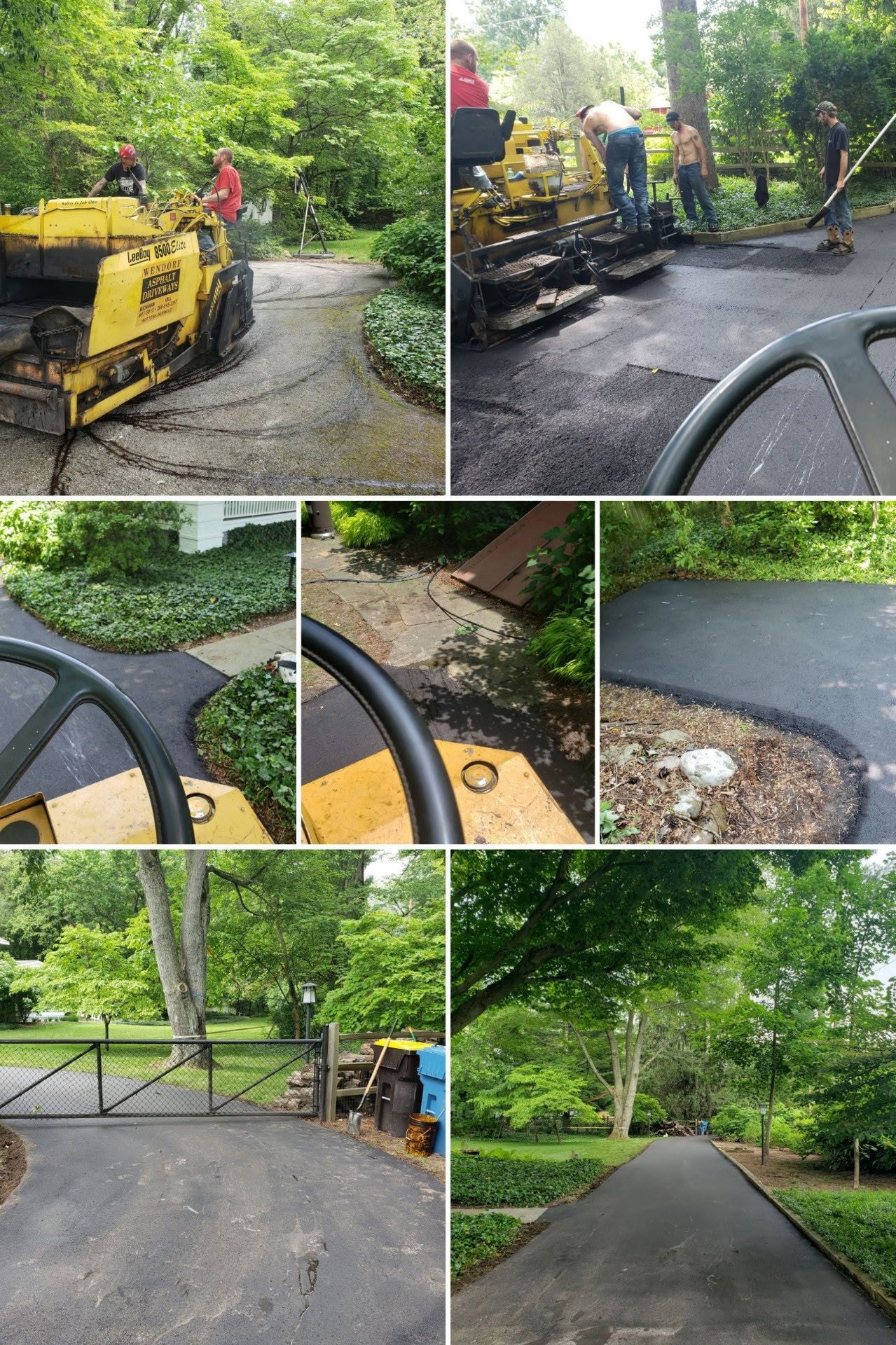Road paving crew using yellow machinery on a tree-lined driveway, with resurfaced asphalt panels shown in a collage