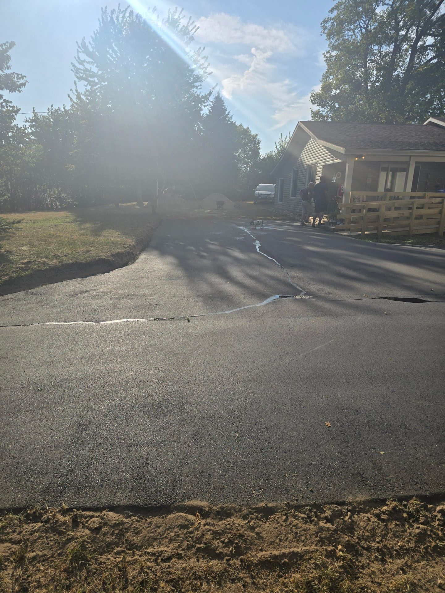 Sunlit residential street with dark pavement, trees on the left, and a house on the right