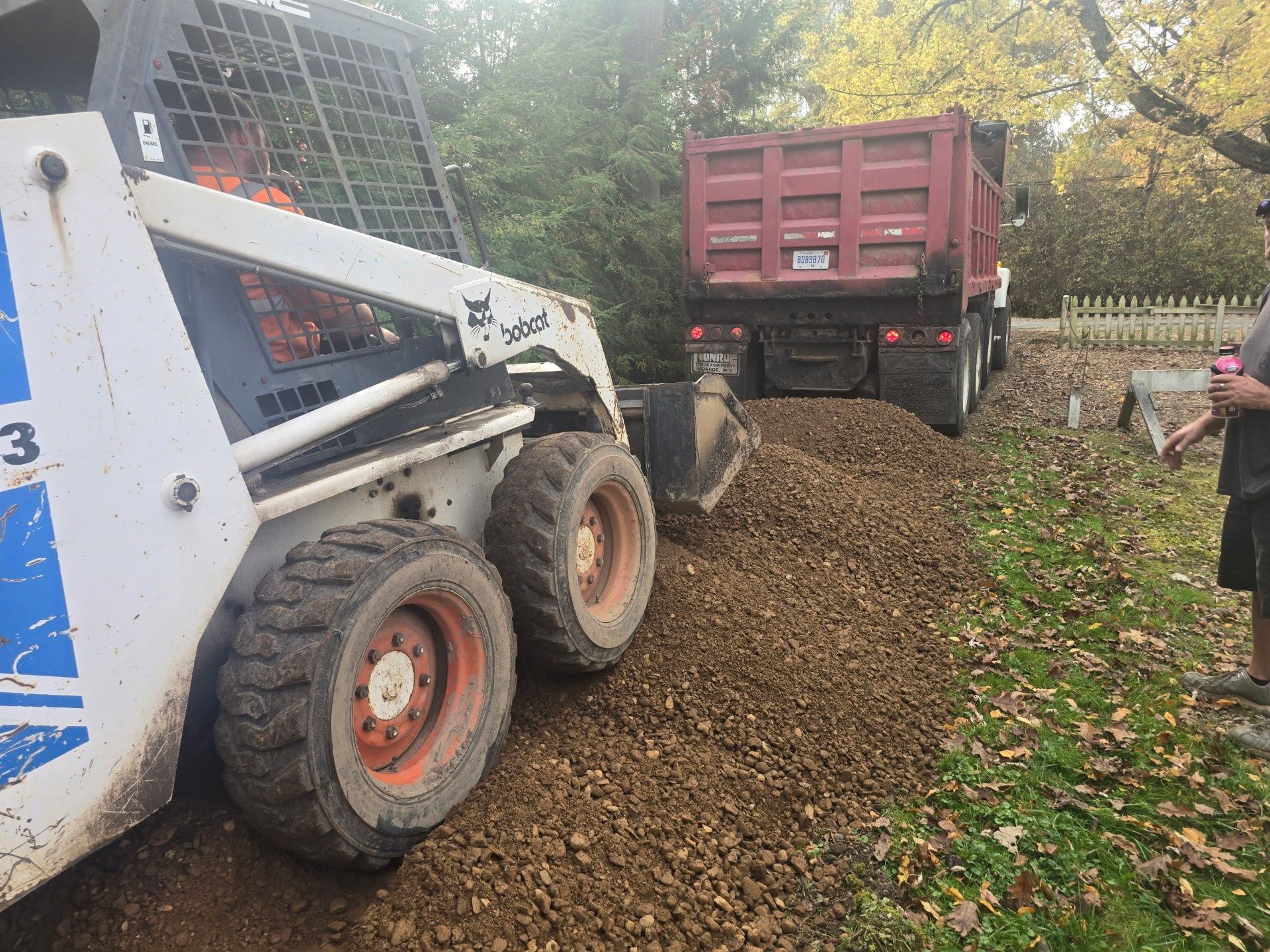 Skid steer loading leaves into a red dump truck on a tree-lined driveway