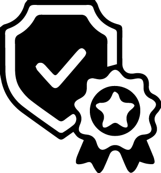 A black icon featuring a shield with a check mark overlaid on a star-shaped award ribbon.