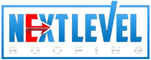 Logo for Next Level Roofing with a red arrow through the 
