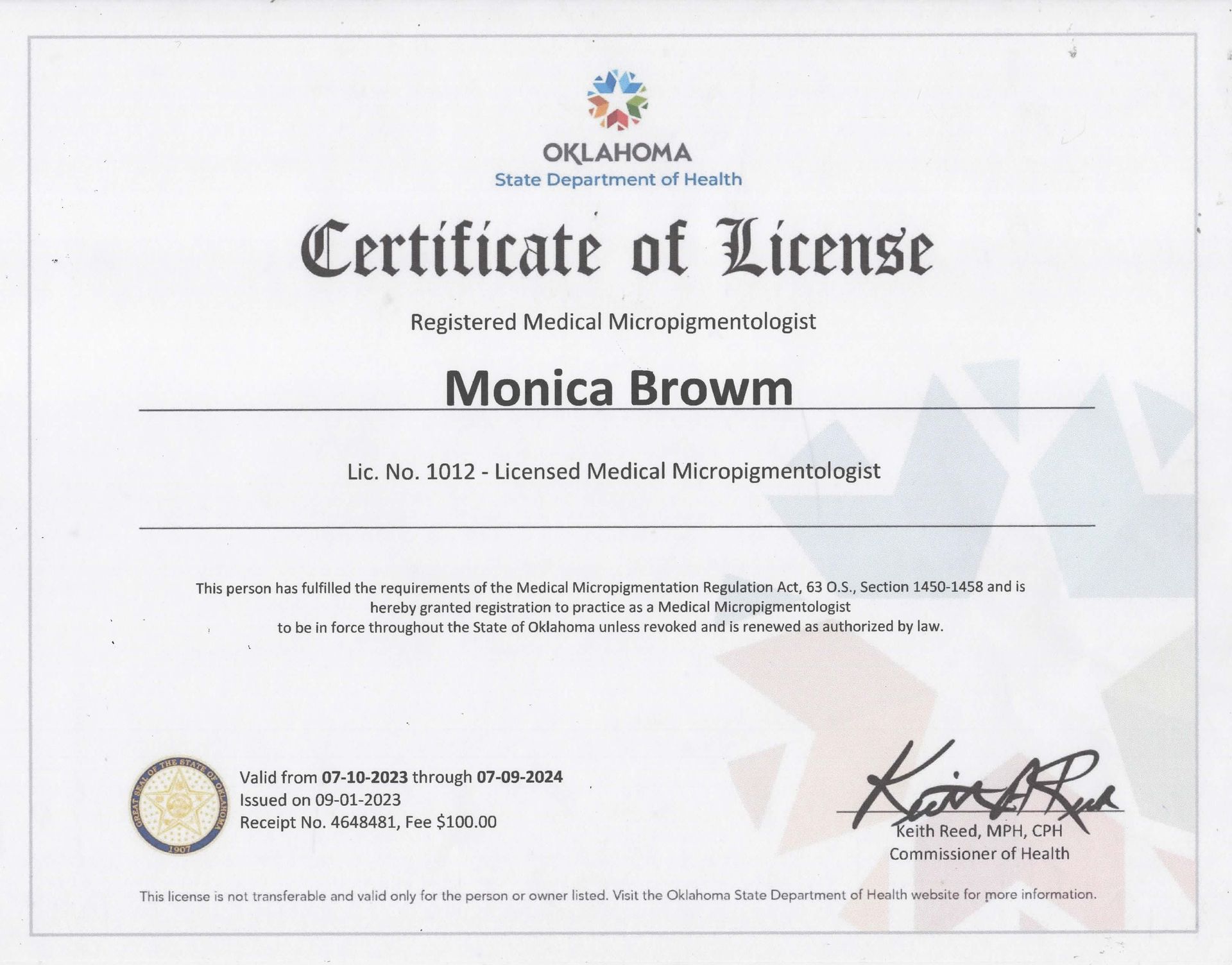 certificate of license monica brown