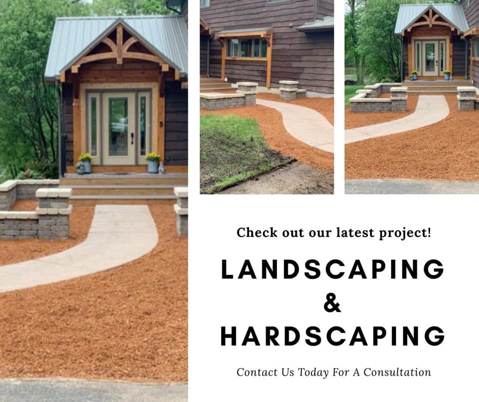 Landscaping and hardscaping project featuring a walkway and flowerbeds with mulch.