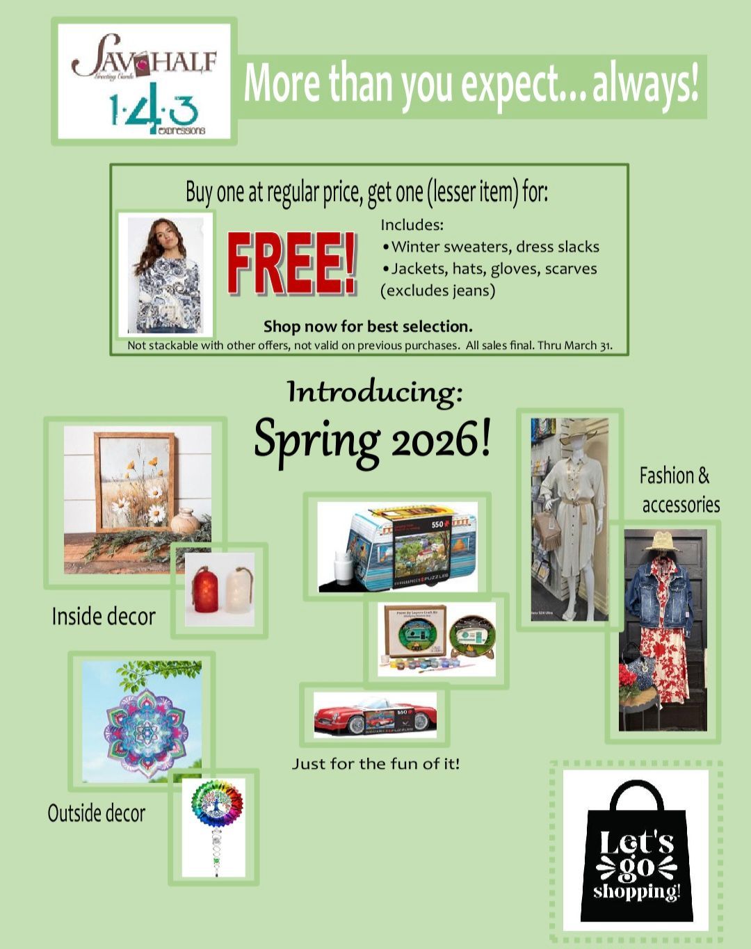 A light green sales flyer for 1-4-3 Living advertising a buy one get one free deal and new Spring 2026 home decor products.