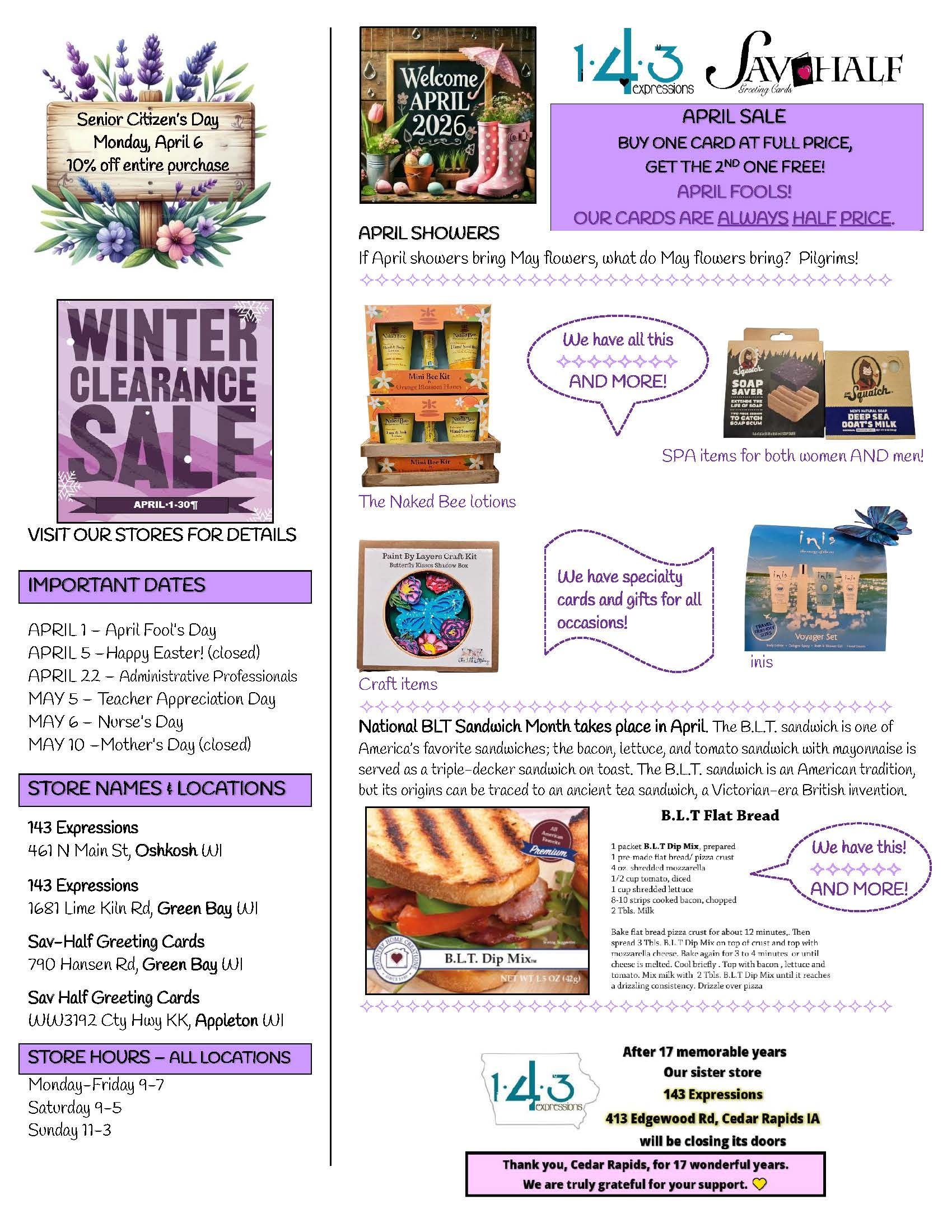 A flyer for a 143 Retail store winter clearance sale featuring various food and kitchen products and store locations.