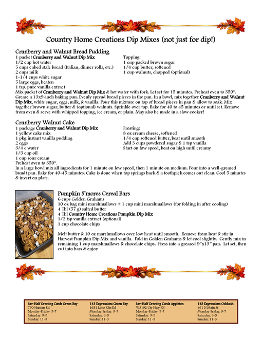 Decorative recipe card with autumn leaves, dense text, a food photo, and a tan note box at the bottom