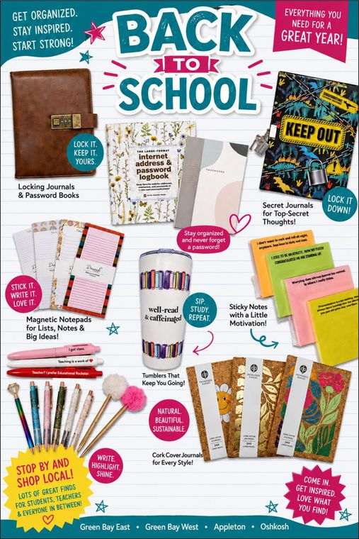 Back to school craft supplies collage with notebooks, pens, pencils, stickers, and scrapbook paper