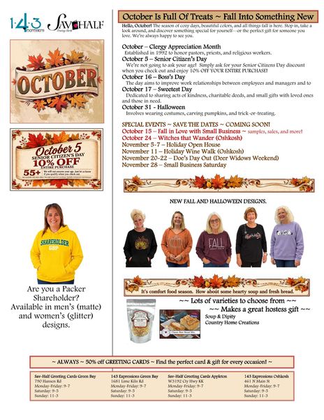 Autumn-themed community newsletter with October events, sale notice, and staff photos