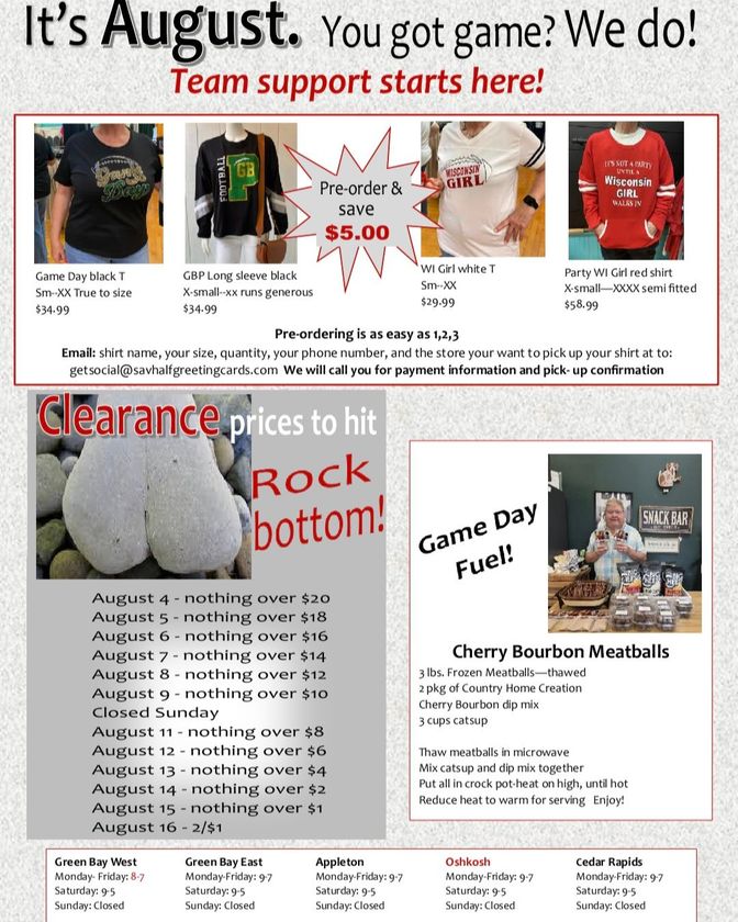 August promotional flyer. Features team support t-shirts, clearance pricing, and a recipe for Cherry Bourbon Meatballs.