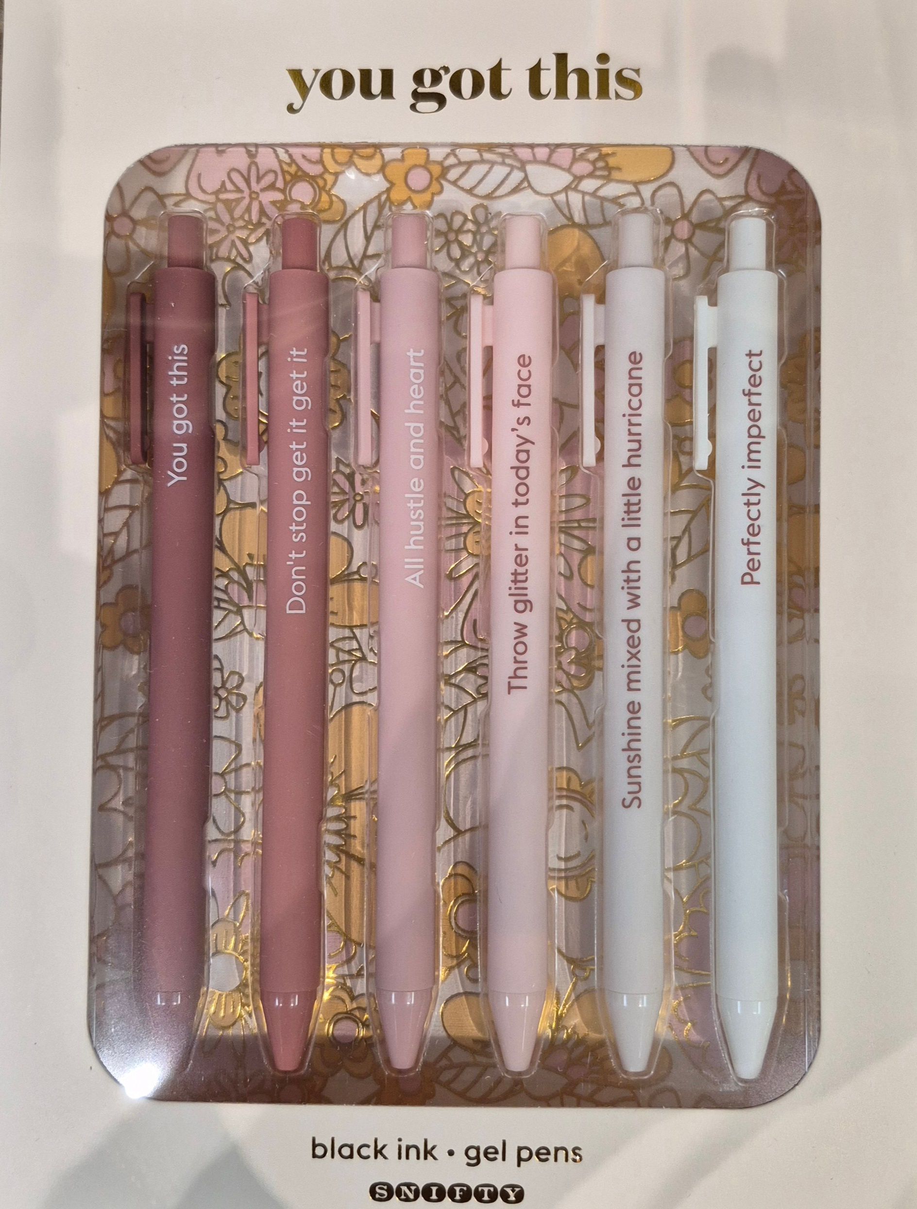Set of six pastel gel pens with inspirational quotes.
