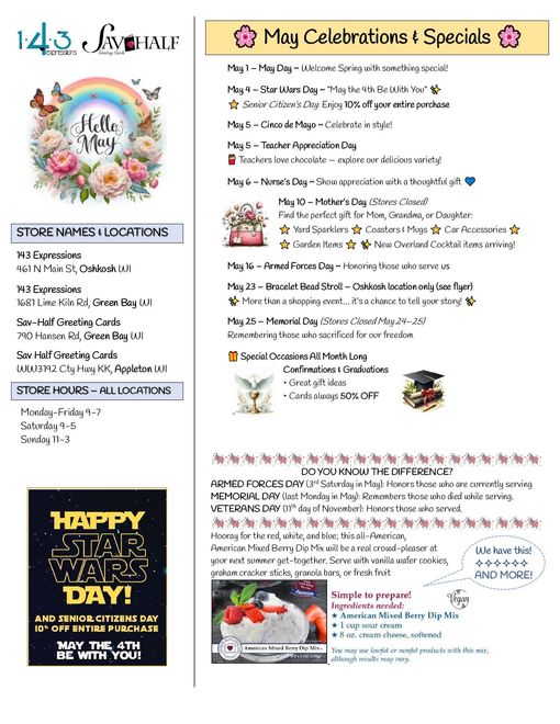 Disney World resort flyer with May Celebrations & Specials, featuring Minnie Mouse and event listings.
