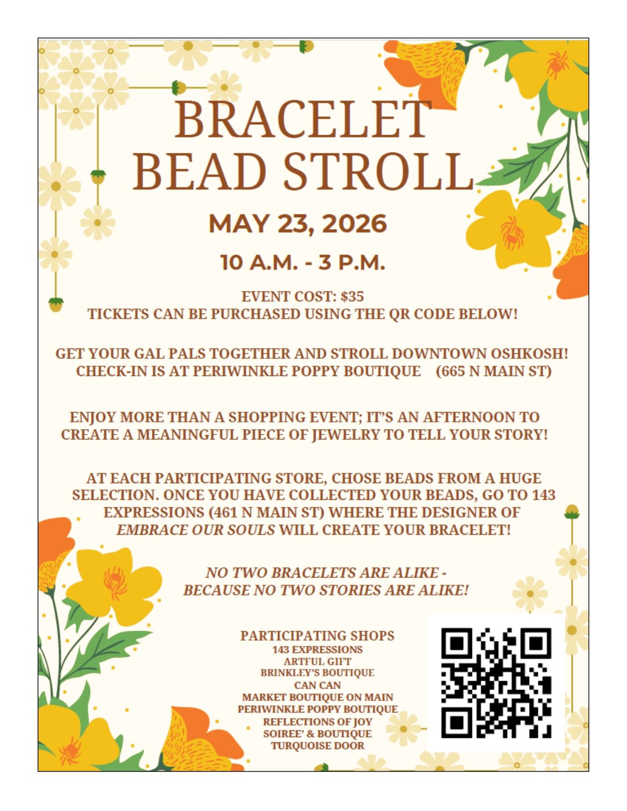 Floral flyer for a bracelet bead troll, with event details and a QR code at the bottom.