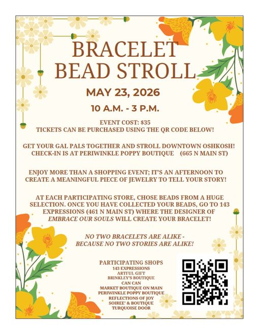 Floral flyer for a bracelet bead troll, with event details and a QR code at the bottom.