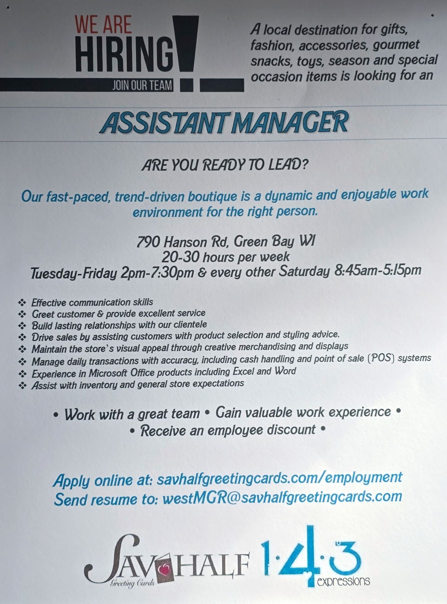 Job advertisement for assistant manager,