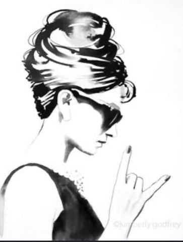 Woman with sunglasses and updo, hand making a 
