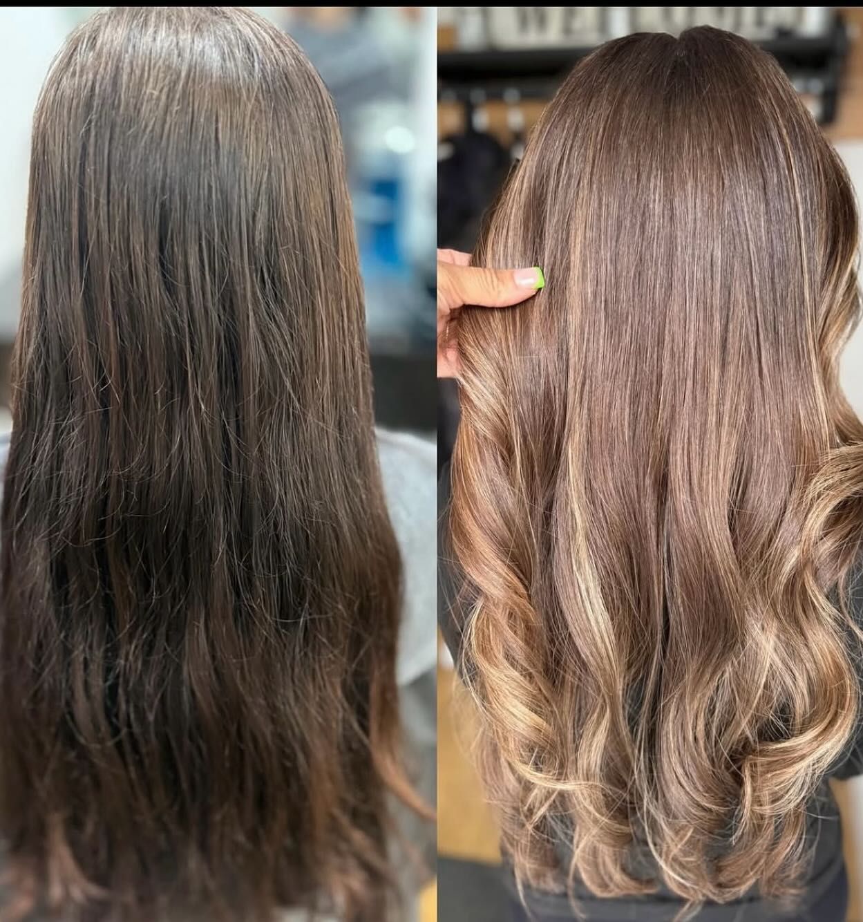 Before-and-after of dark brown hair transformed with lighter balayage highlights, now wavy and styled.