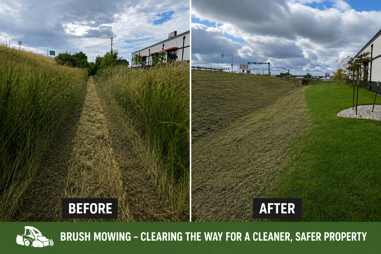 Before-and-after of brush mowing: overgrown path cleared to a neat grassy slope under cloudy sky.