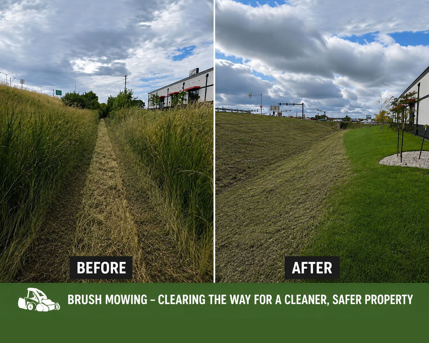 Before-and-after of brush mowing: overgrown path cleared to a neat grassy property.
