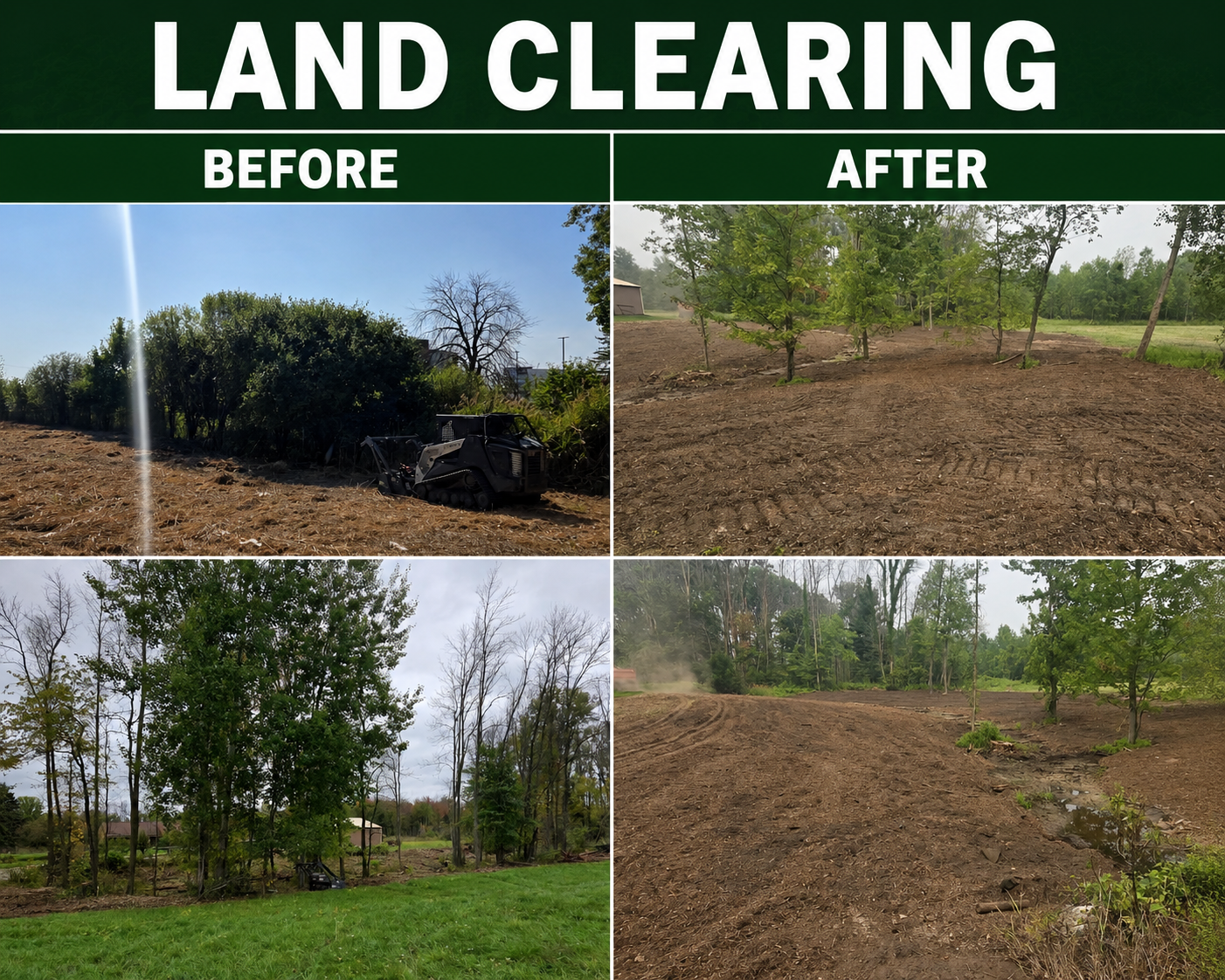 Land clearing before-and-after: overgrown lot becomes cleared bare earth with scattered trees.