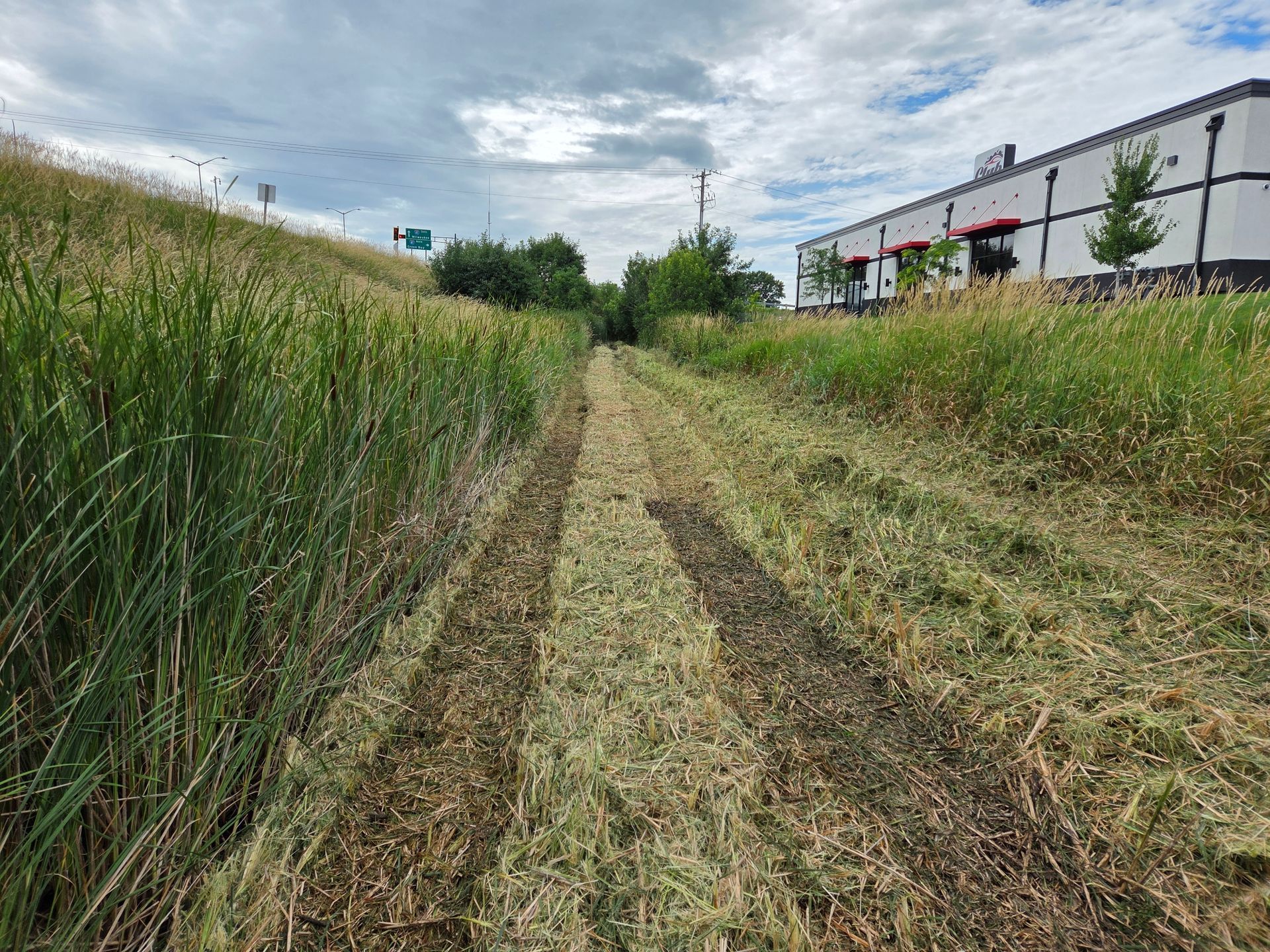 A grassy ditch with tire tracks runs alongside a road and a building with a red awning.