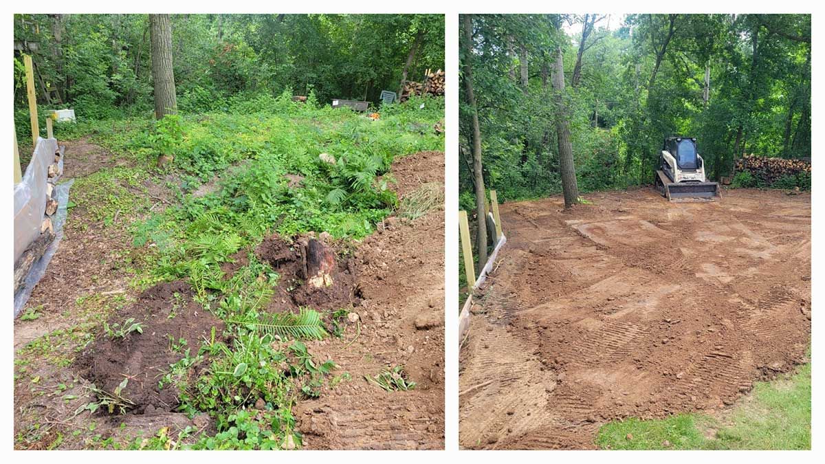 A before and after picture of a dirt field with trees in the background.