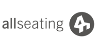 Allseating logo with gray text and a gray circle containing a stylized 